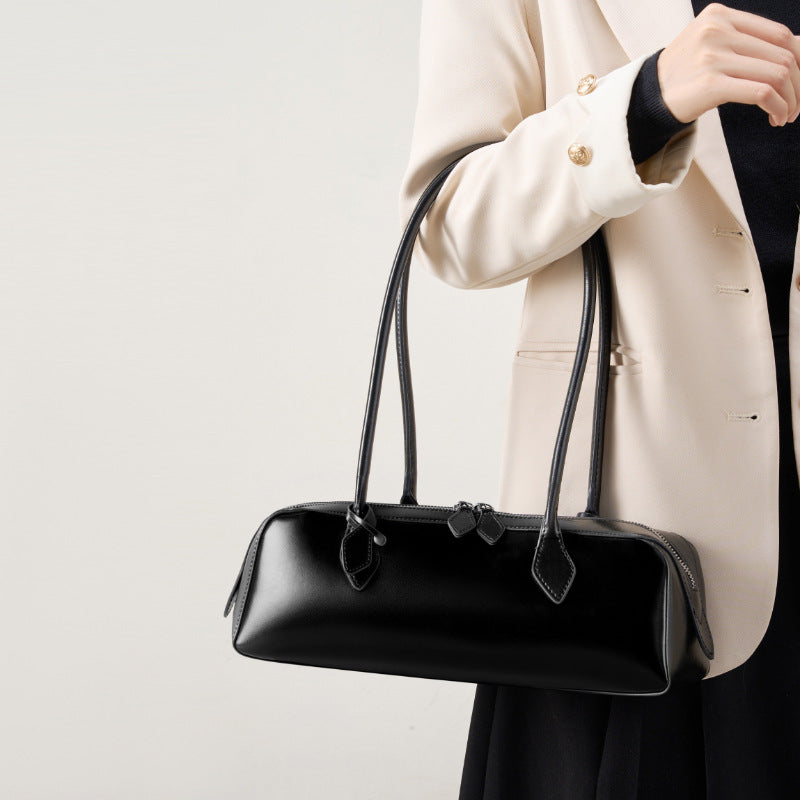 Long Leather Baguette Shoulder Bag