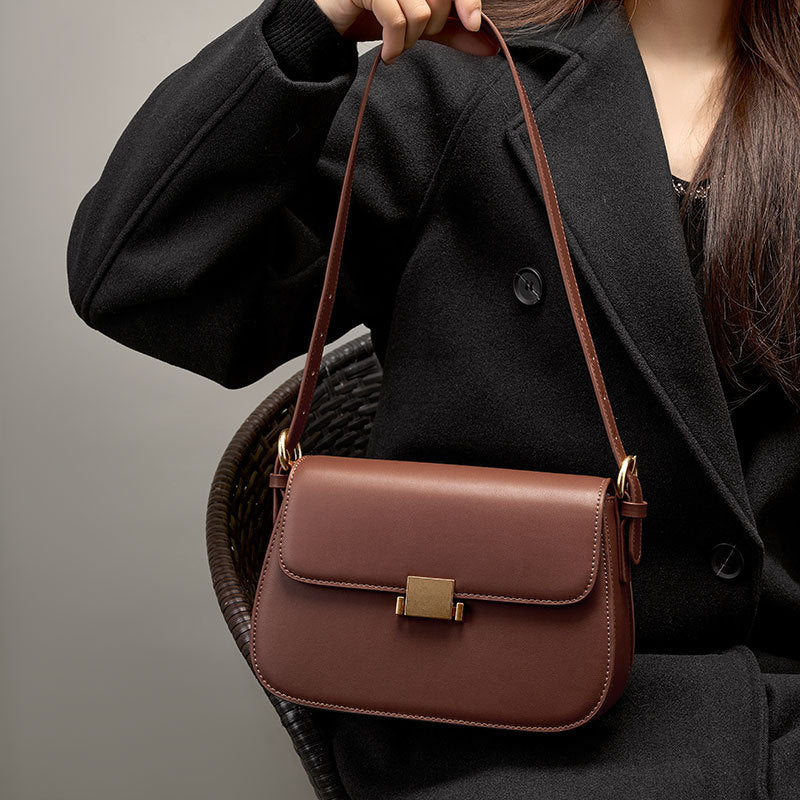 Lock Front Leather Shoulder Bag