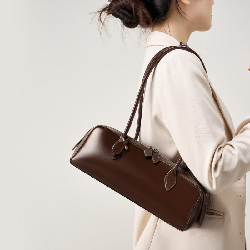 Long Leather Baguette Shoulder Bag
