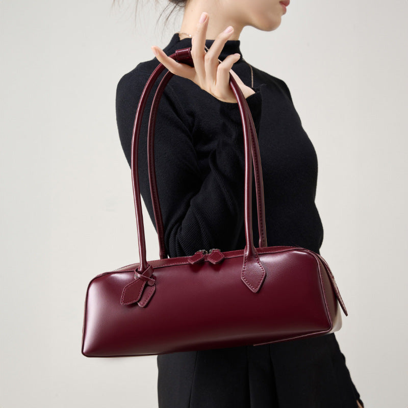 Long Leather Baguette Shoulder Bag