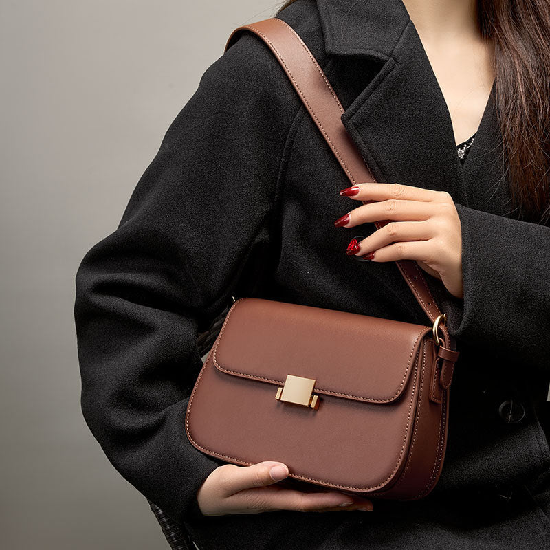 Lock Front Leather Shoulder Bag