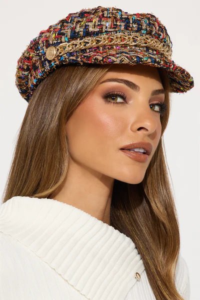 Mixed Yarn Tweed Flat Top Military Cap - Honto Fashion