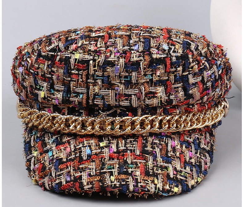 Mixed Yarn Tweed Flat Top Military Cap - Honto Fashion
