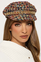 Mixed Yarn Tweed Flat Top Military Cap - Honto Fashion