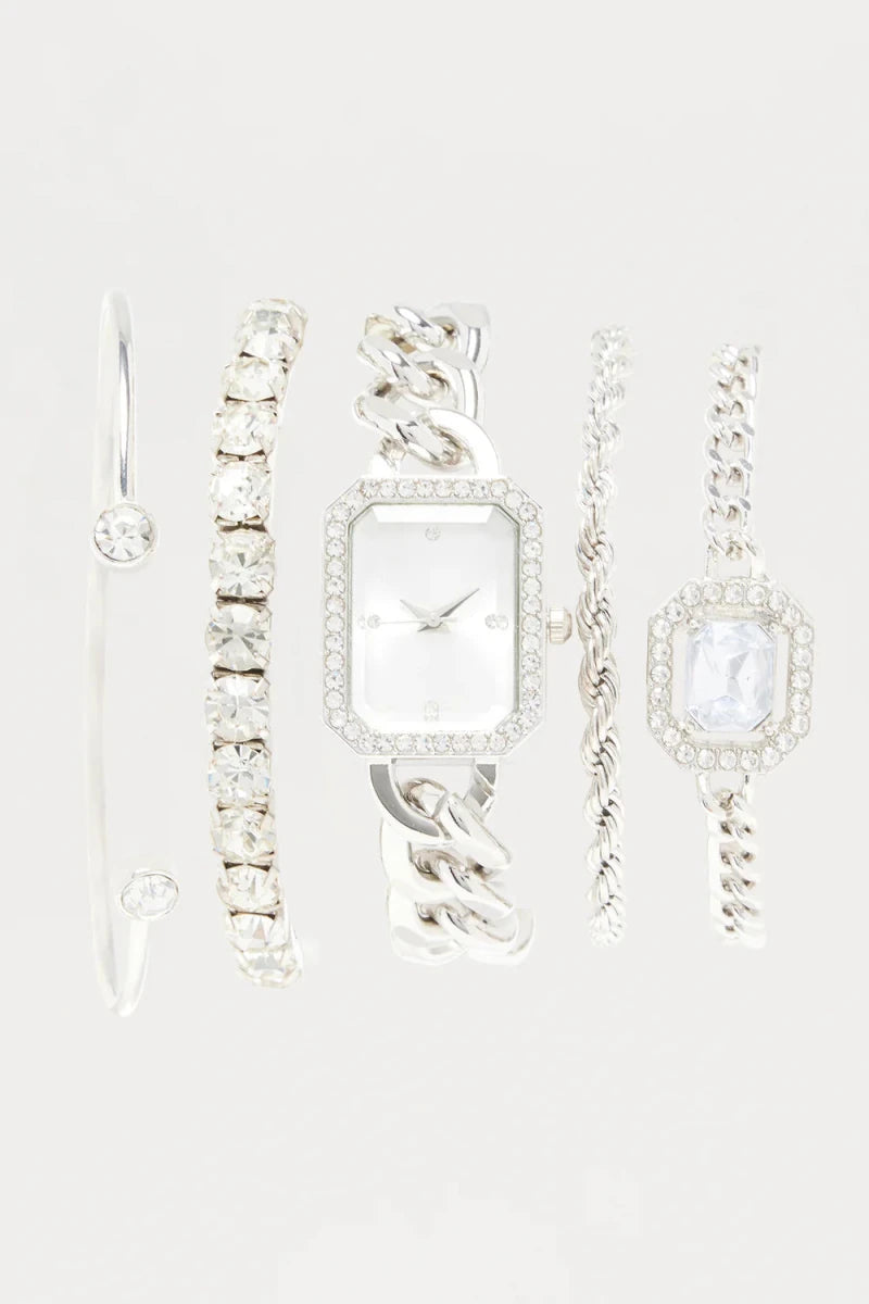 Time Will Tell 5 Piece Watch And Bracelet Set - Honto Fashion